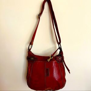 Vintage red leather Fossil purse: adjusts from shoulder to cross-body: genuine
